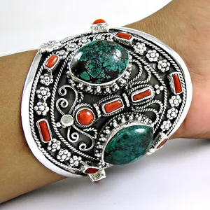 Cuff bangle for women and girls 925 sterling silver coral turquoise gemstone bangle bulk wholesale jewelry