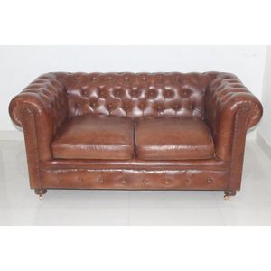 Antique Vintage Contemporary Square Solid <b>Wood</b> and Genuine Leather Two-Seater Living Room <b>Sofa</b> for Villas - Product Image 1