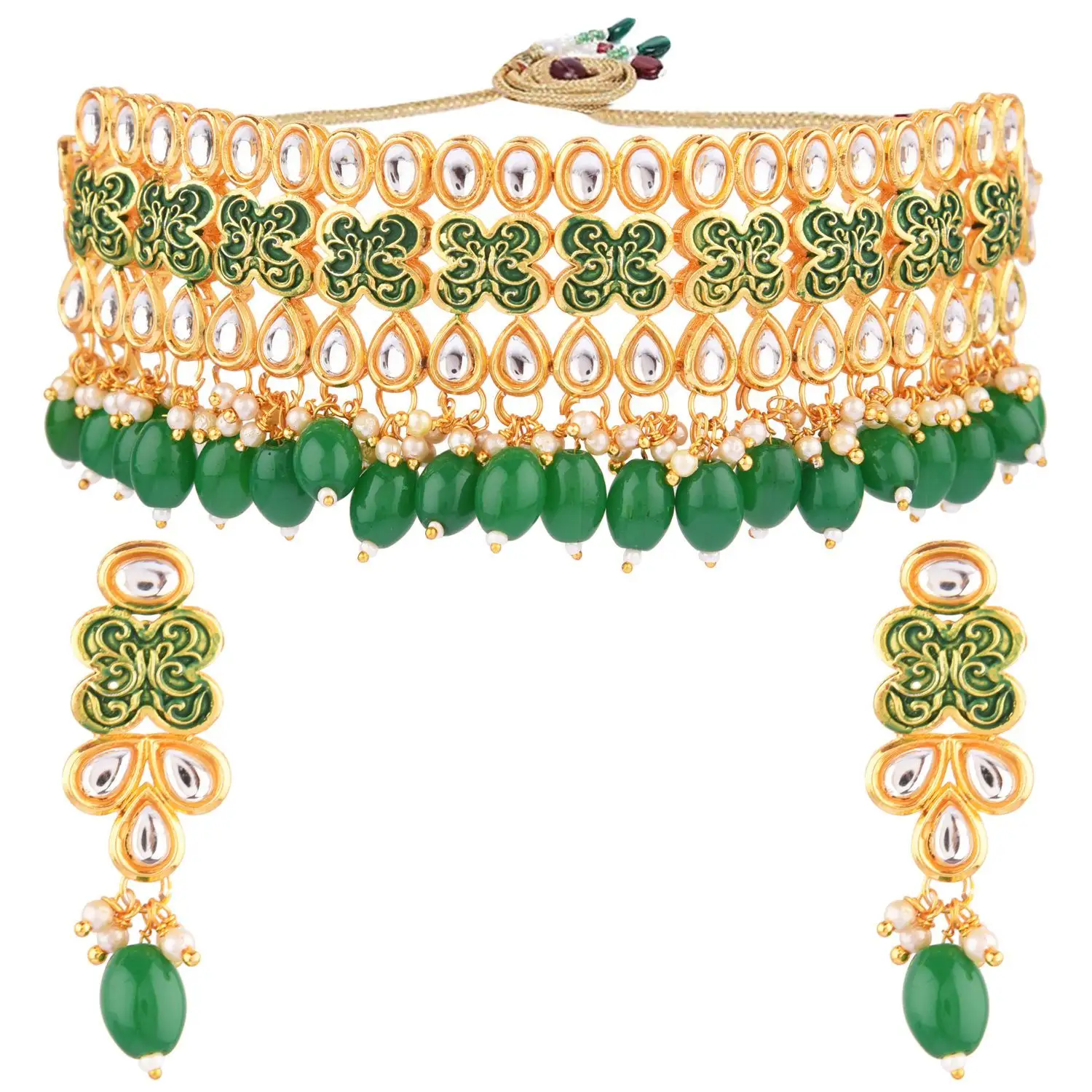 Kundan — ensemble de bijoux en émail, Faux perles, collier ras du cou, boucles d'oreilles, vert, tendance, nouvelle collection