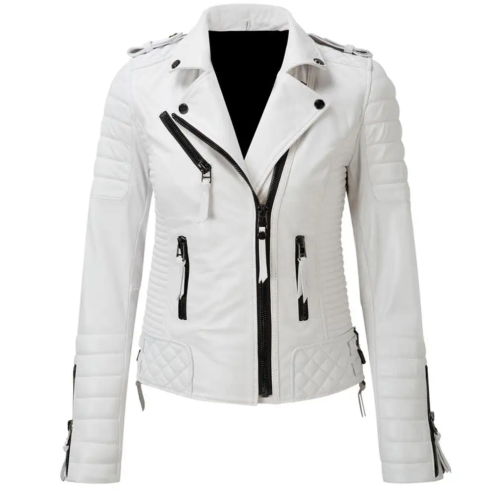 Hot Sale White Color Genuine Sheepskin Leather Bomber Jacket Coat Street Wear Women Motorcycle Leather Jacket