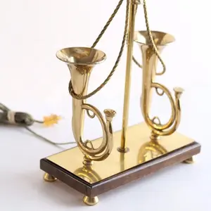 Brass Horn <b>Table</b> <b>Lamp</b> With Wooden <b>Base</b> Traditional Home Decor Indoor Use 100% Handmade - Product Image 1