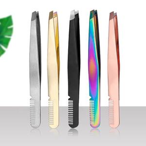 Venta al por mayor logotipo personalizado pinzas de acero de grado quirúrgico para cejas punta inclinada pinzas para cejas peine bajo MOQ - Product Image 2