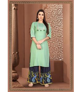 Dernier créateur de vêtements Kurti Palazzo à manches longues simple Vêtements indiens pour femmes et filles Vêtements de fête en soie brodée Travail de la pierre long - Product Image 5