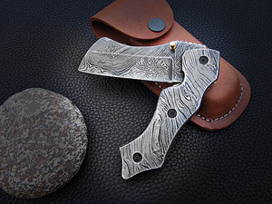 Couteau de poche pliant fait à la main en acier damas personnalisé de qualité bricolage utilisation extérieure avec gaine en cuir fin Support OEM - Product Image 4
