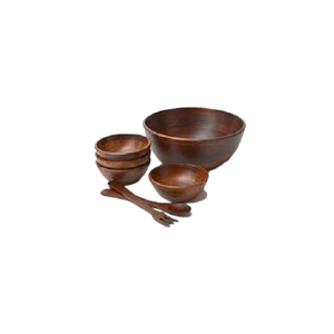 Ensemble de 5 bols à nourriture de différentes tailles, forme ronde, en bois, décoratifs, avec cuillère et fourchette, par Home Arts - Product Image 1