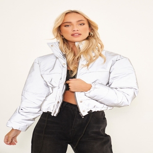 Réfléchissant gris à manches longues vêtements de rue bouffantes 2025 nouveau hiver femmes mode corps court hiver chaleur filles haut court - Product Image 1