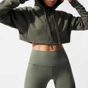 Women's Pullover drop shoulder invisible zipper Olive green Sports Wear 2022 Crop Hoodies women's hoodies at wholesale price