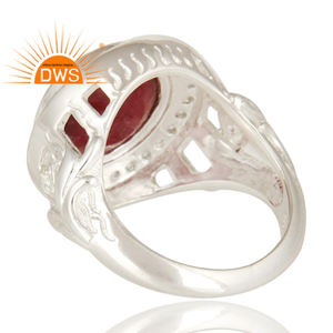 Anillo de cóctel de declaración de Plata de Ley 925 con piedras preciosas de topacio blanco de corindón rojo para mujer, regalo para su colección clásica - Product Image 4