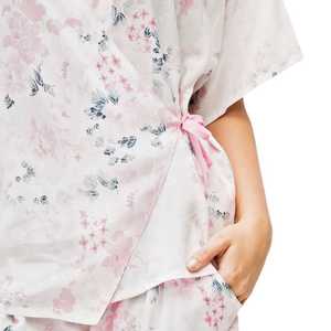 New women cotton pajamas night lounge wear Light <b>pink</b> satin v-neck flower print short sleeve for <b>sexy</b> woman nigh dress - Product Image 2