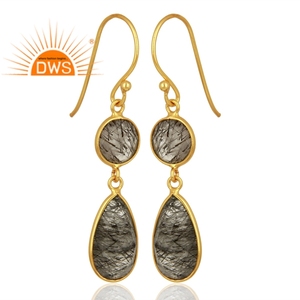 Nuevo diseñador de plata esterlina 18K chapado en oro Natural negro rutilo piedra preciosa colgante pendiente joyería fabricante - Product Image 3