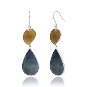 Pendientes Colgantes Delicados de Plata de Ley 925 con Corindón Amarillo Orgánico y Cuarzo Azul - Joyería de Lujo Moderna para Bodas y Fiestas - Product Image 2