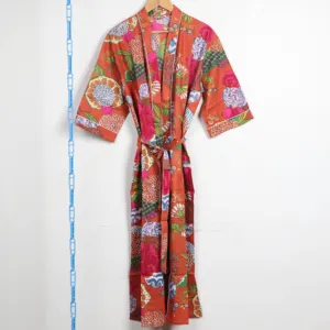 Roupão de banho estilo indiano, roupão de banho estampado e bloco de mão, maxi vestido de algodão kimono com estampa