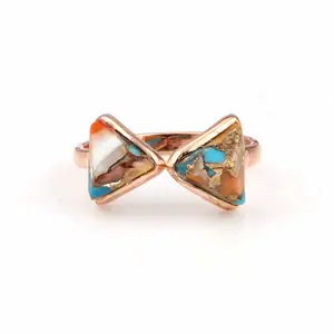 New Design 8mm Natural Spiny Oyster Copper Turquoise Rose Gold Plated 925 Sterling Silver Bow Tie Ribbon Adjustable Ring For Her