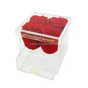 Wholesale Customized 4 Holes Acrylic Preserved Roses Flower Gift Desktop Display Box Acrylic Rose Display Stand With Drawer