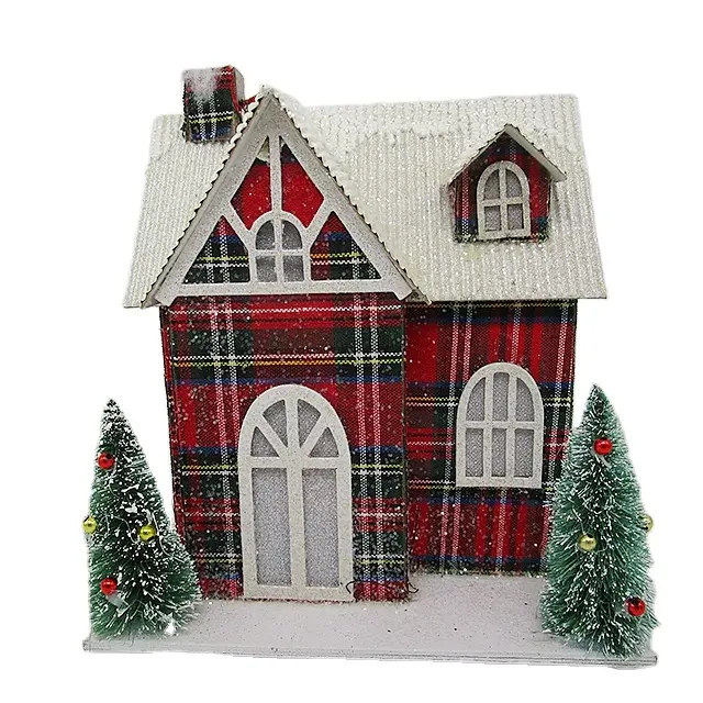 Christmas paper house decoration with bottle brush trees for Christmas tree small decoration