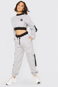 Women's Grey Marl Utility <b>Cropped</b> Sweat Tracksuit with Buckle <b>Long</b> <b>Sleeves</b> Factory Direct Sale <b>Black</b> & Grey Active Bottoms - Product Image 4