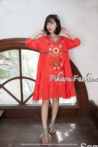 Mayorista Vestidos cortos indios para mujer Bordado floral Vestido bohemio de manga larga de verano de alta calidad para mujer en venta al por mayor - Product Image 5