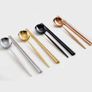 不同颜色的汤勺和筷子套装筷子和勺子礼品套装不锈钢沙拉勺沙拉筷子金属