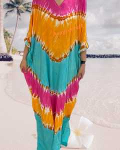 Kaftan con tinte de corbata para mujer: ropa de playa de verano larga con cuello en V y mangas largas de talla grande, estilo informal y sexy - Product Image 2