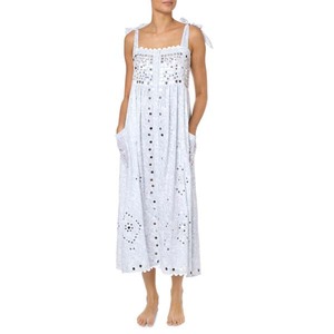 Épaule Cravate Bretelles Doré Floral Bloc Imprimer Robe Midi Magnifiquement Blanc Broderie Mignon Festonné D'été Chic Robe - Product Image 1