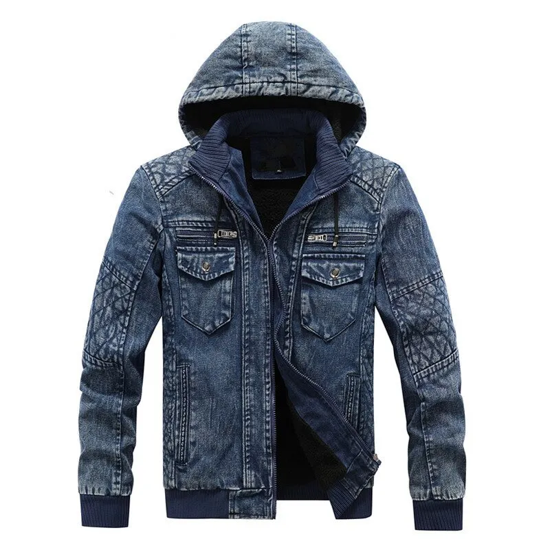 Mens Denim Jacket Trendy Fashion Male Denim Jean Hoodies Casual Male Fleece Warm Windbreaker Cowboy Coats Mens Clothing