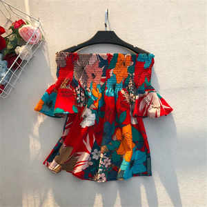 Blusa holgada informal con manga acampanada para verano, camisa Sexy con estampado Floral bohemio para mujer, hombros descubiertos, 2019 - Product Image 1