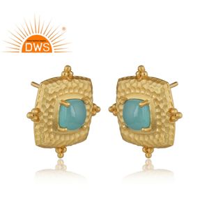Pendientes de Calcedonia Aqua, Joyería Chapada en Oro, Textura Martillada, Pendientes de Plata 925, Proveedores de Colección Clásica - Product Image 2