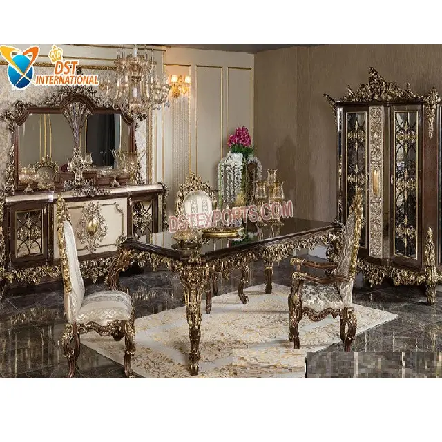 Vintage Theme Metallic Gold Dining Table Chair Set Gorgeous Finish Dining Room Furniture Luxury Accent Style Baroque Dining Set