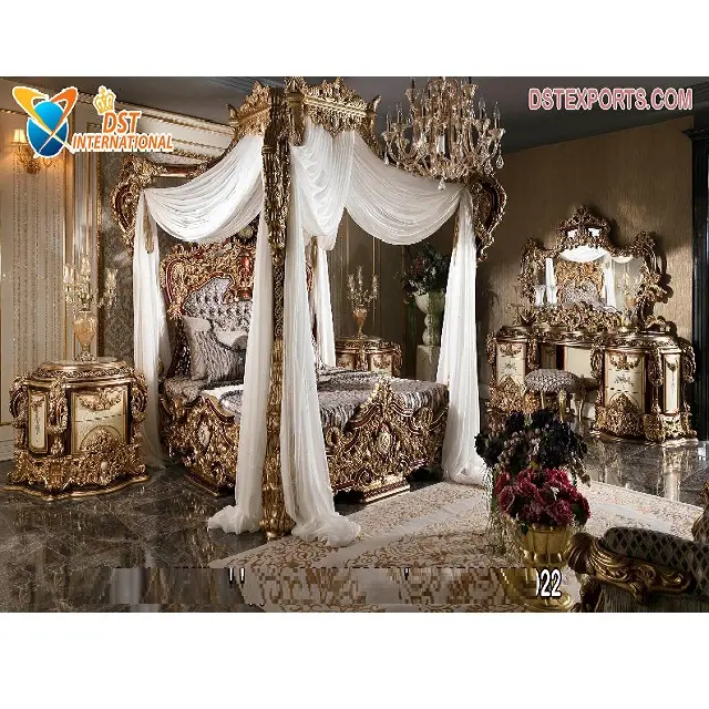 Luxury King Size Four Poster Crown Bed Royal Design Heavy Carved Canopy Bed French Rococo Style Marquetry Canopy Bed