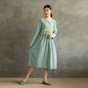 India Supplier Made Customized Oversized Clothing Long Sleeves Plain Dye Home Wear Soft Cotton Boho Dress
