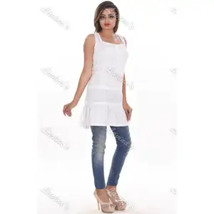 Handmade cotton long top women wear chicken kurti designer sexy sleeveless tunic with lace white cotton fabric short dress