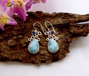 ต่างหูตะขอพลอยจากธรรมชาติ Larimar Kyanite,ต่างหูเครื่องประดับมุกแท้925 - Product Image 5