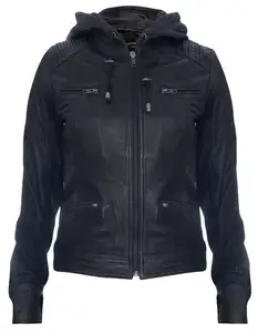 Bomber Style Damen Leder Kapuzen jacke 100% schwarz Echt leder mit aus gezeichneter Qualität Material