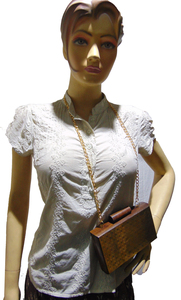 Fashionable Golden Finish Wood Clutch <b>Box</b> Purse Bags with <b>Canvas</b> Lining Chain Decoration Cover Closure 7 Inch Geometric Pattern - Product Image 2