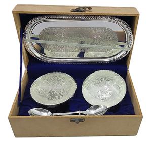 Juego de dos cuencos de plata con 2 cucharas de plata y bandeja, juego de cuencos de regalo - Product Image 1