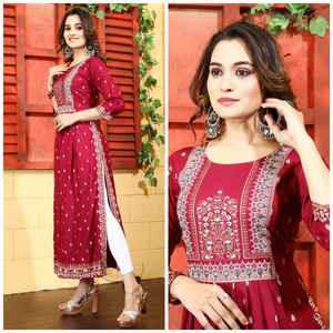 Designer Green Color Rayon Foil Print with Embroidery <b>Mirror</b> Work Nayra Cut Kurti Wholesale Price Full Stitched - Product Image 1