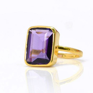 Trendy Unisex Purple Amethyst Rectangle Shape Bezel Set Gold Vermeil Gemstone <b>Ring</b> for Engagement Wedding & Anniversary Parties - Product Image 1