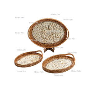 Juego de 3 bandejas de servicio de diferentes tamaños, bandeja de café y té de ratán de forma redonda para proveedor mayorista - Product Image 3