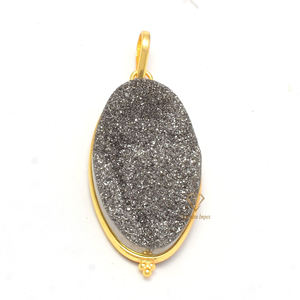 Pendentif en pierre précieuse druse grise, joli bijou ovale en titane, plaqué or, argent, vente en gros, - Product Image 2