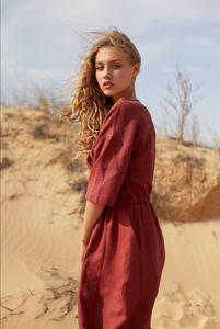 Maroon Linen A-Line Midi <b>Dress</b> O-Neck Short Sleeve <b>Elastic</b> Waist Regular Fit Formal Summer Woven Solid Color Breathable Cotton - Product Image 3