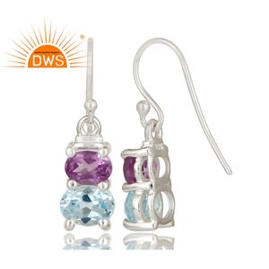 Boucles d'oreilles pendantes en argent Sterling 925, améthyste violette et topaze bleue, pierre précieuse, vente en gros, livraison gratuite - Product Image 3