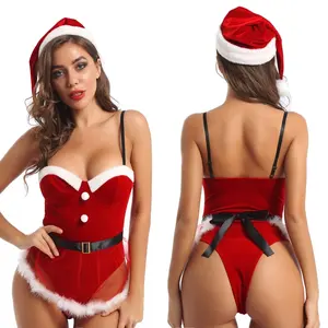 Body de veludo com chapéu sexy, 3 peças de traje de natal para mulheres