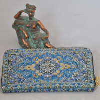 Aras Etiket Fashion Tas Tangan Wanita Bahan Polyester Tenun dengan Ritsleting (Dompet Tangan Kain Jacquard Lapisan PVC Motif Karpet Oriental)