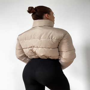 Chaqueta de niña de satén acolchada con mangas completas y cremallera de cuerpo corto de fibra de microbola con relleno de plumas y cuello levantado para mujer - Product Image 6