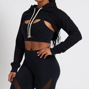 Sweat-shirt à capuche Super Crop pour femme, de haute qualité, anti-rides, tricoté, brodé, dos décolleté, manches longues, logo sur le devant, automne - Product Image 1