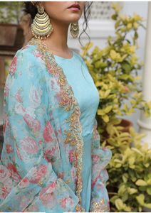 Indian <strong>Plain</strong> Sky Blue <strong>Colour</strong> Anarkali Dresses With Organza Embroidery Dupptta for Women Latest Low Price - Product Image 2