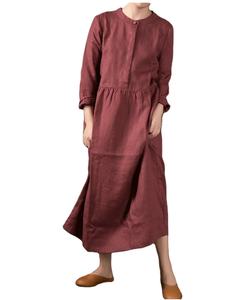 เดรสผ้าลินินสีแดงเลือดหมู ดีไซน์ทันสมัย แขนยาว คอประดับเพชร ทรงยาวคลุมเท้า สำหรับผู้หญิงสุดเซ็กซี่ - Product Image 1