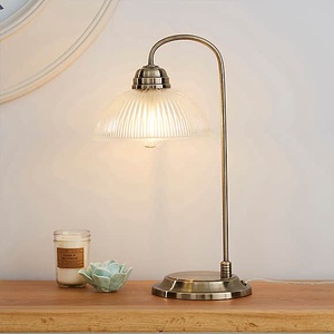 Modern Brass <b>Table</b> <b>Lamp</b> With Ribbed Glass Shade Round <b>Base</b> Indoor Home Decor Bedroom Lighting - Product Image 1