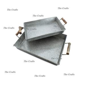 Galvanized <b>Snacks</b> <b>Tray</b> With Wooden Handles Highest Quality Round Shape Serving <b>Tray</b> At Reasonable Prices - Product Image 3