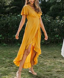 Robe Maxi à volants en coton, style bohème, col en V, manches courtes, décontracté, couleur unie jaune, pour vacances printemps et été - Product Image 1